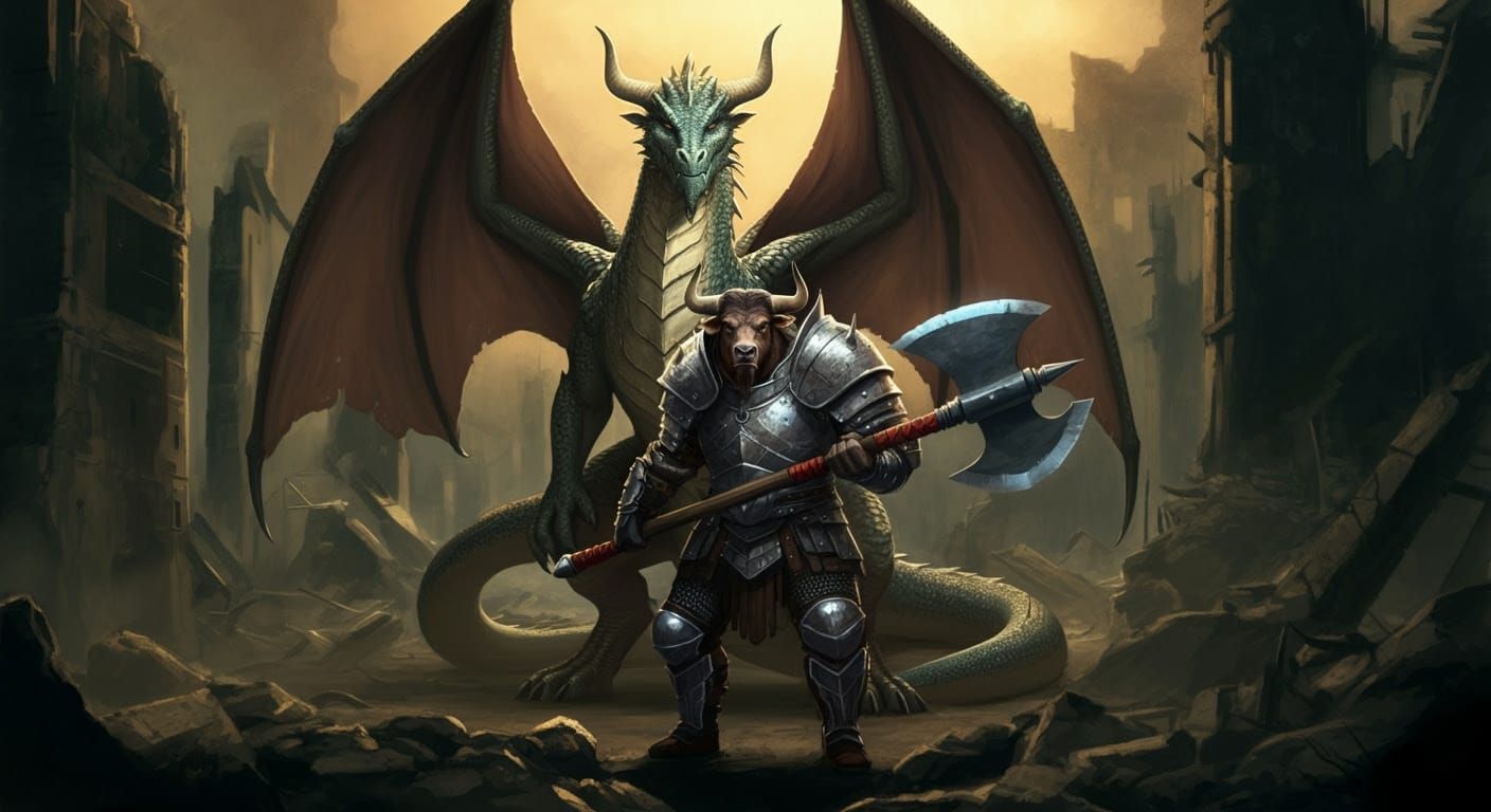 Epic Fantasy Warrior Dragon in Ruined Metropolis