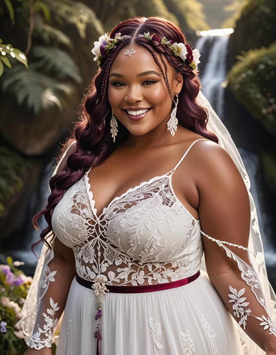 Joyful Plus-Sized Woman in Boho Wedding Gown
