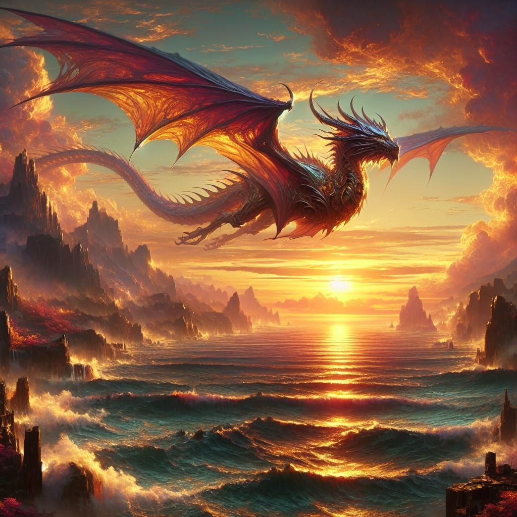 Sunrise Dragon Over Sea: Fantasy Matte Painting