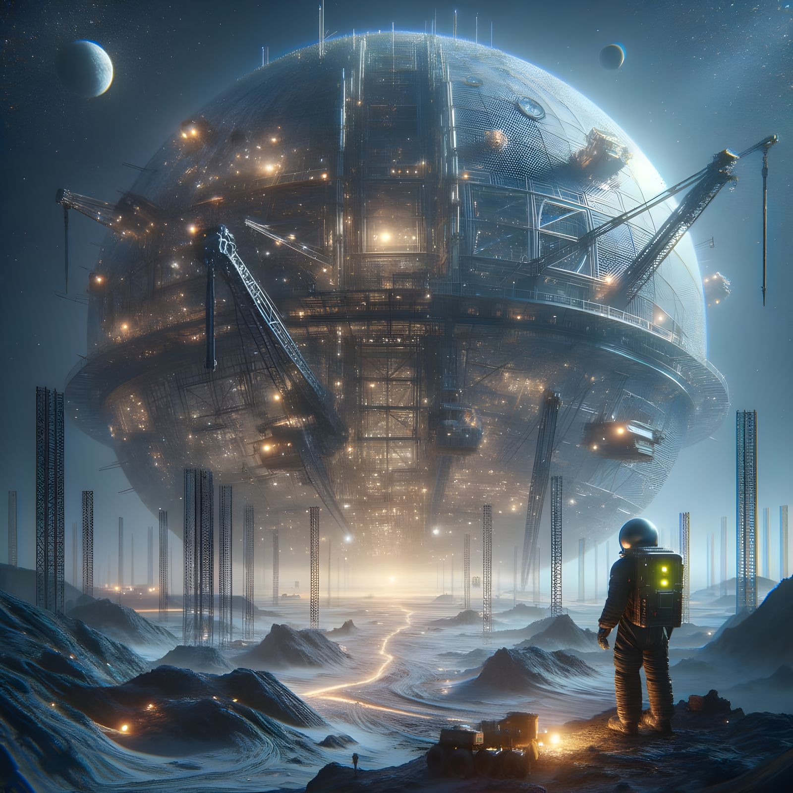 Astronaut Views Colossal Sphere Construction on Alien Planet