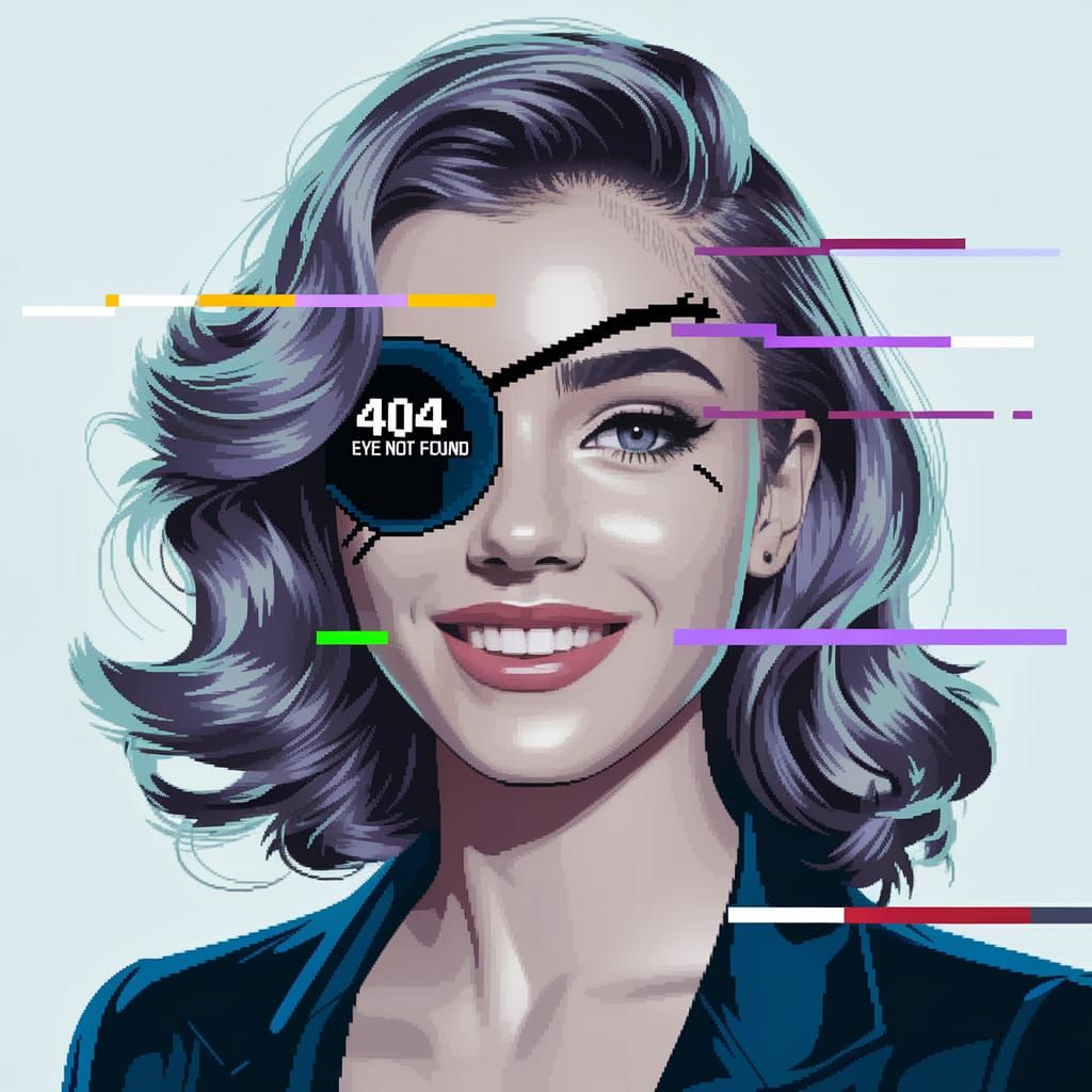 Glitch Art Portrait: Woman with 404 Error Eyepatch