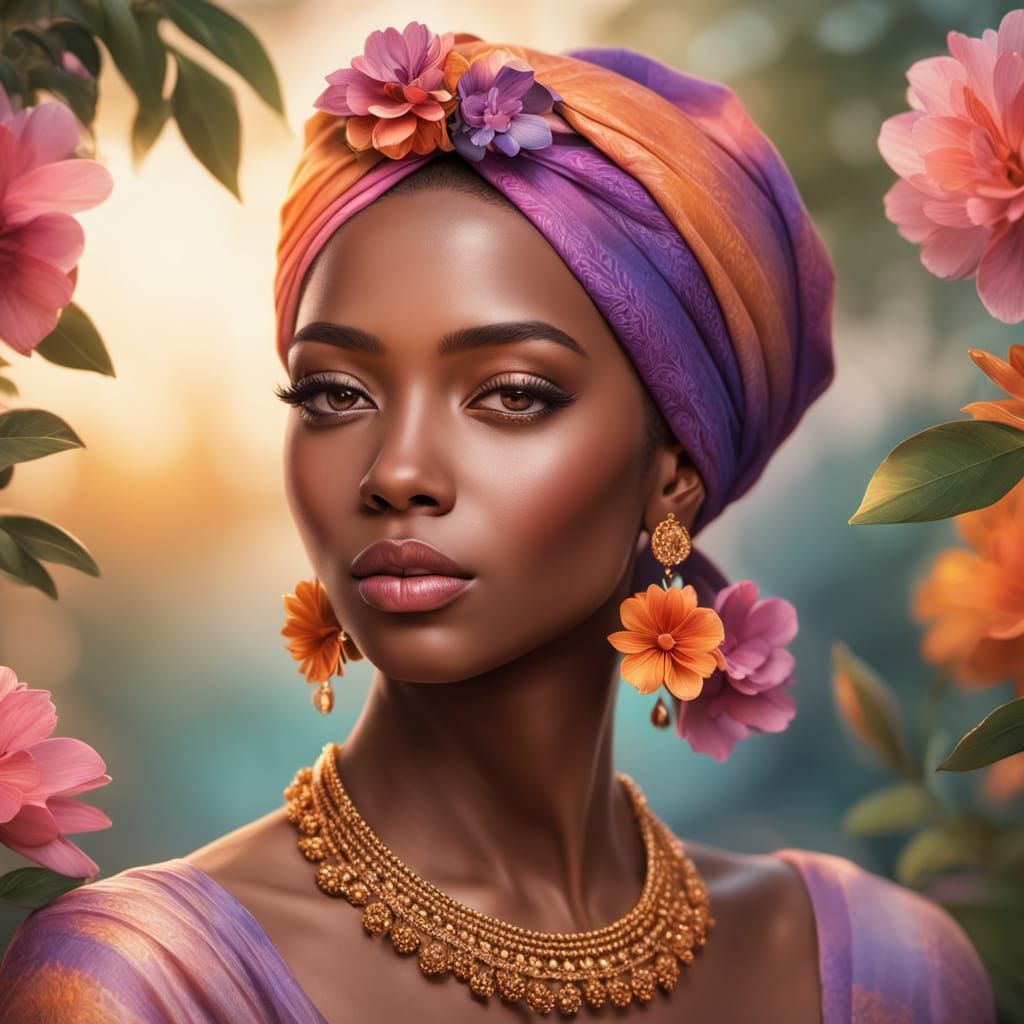 Serene Woman in Vibrant Floral Headwrap