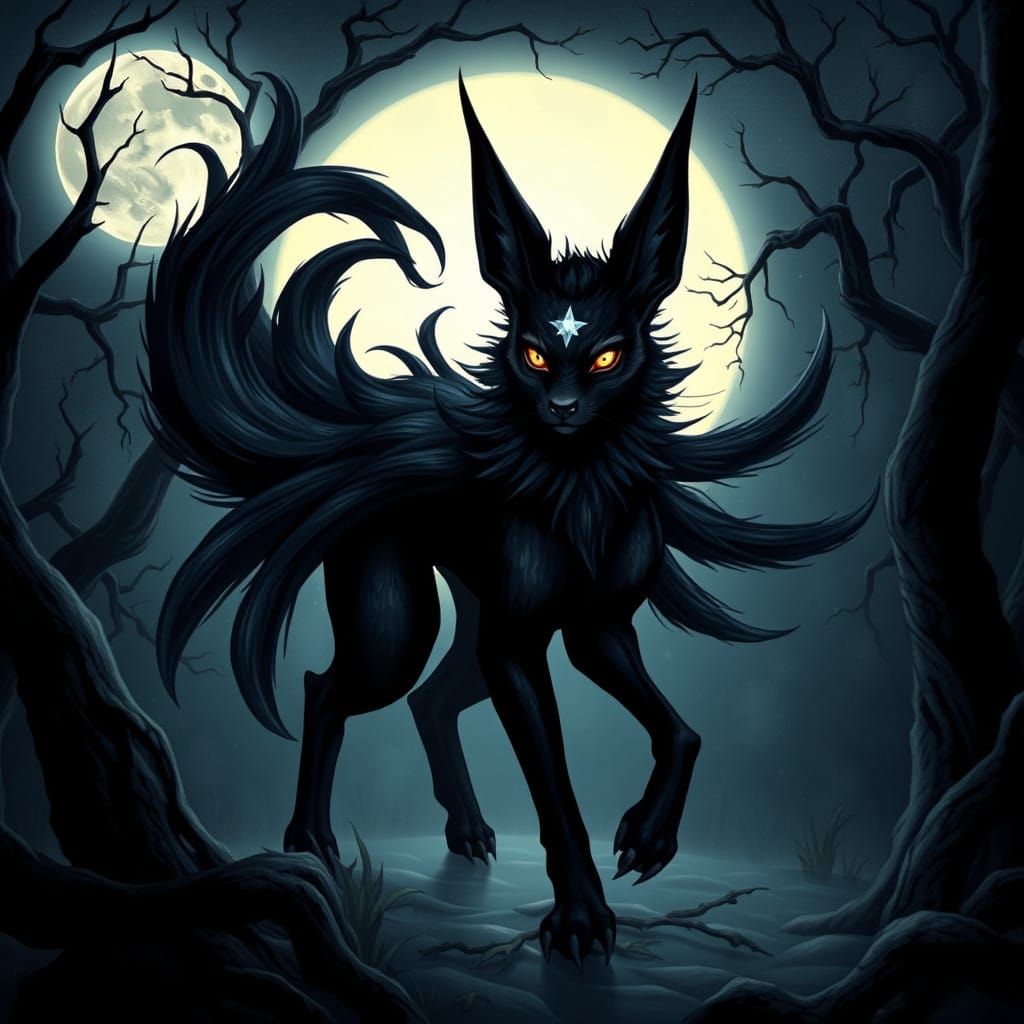 Majestic Black Kitsune in Dark Forest Aesthetic