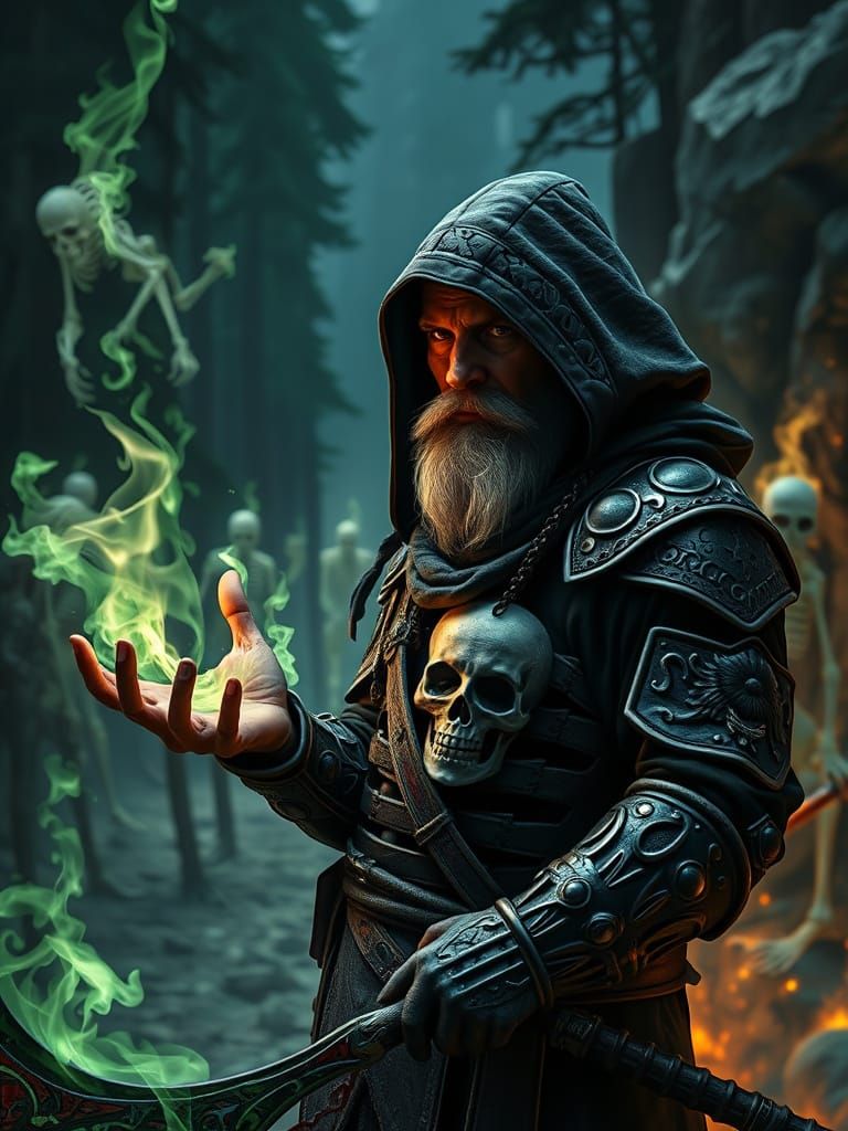 Warrior Conjures Pale Flames Amidst Skeletal Charge