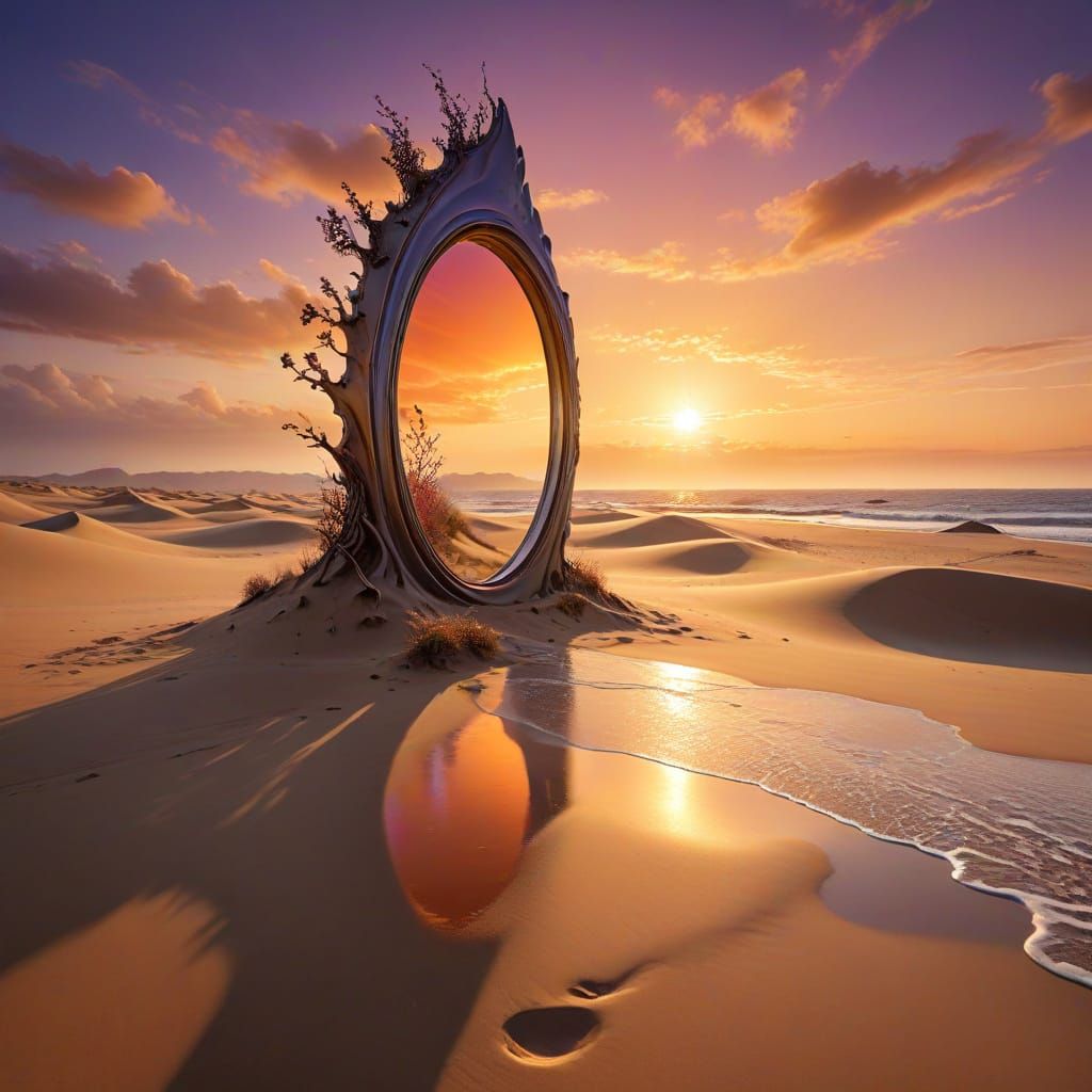 Iridescent Portal on Windswept Beach: Digital Art