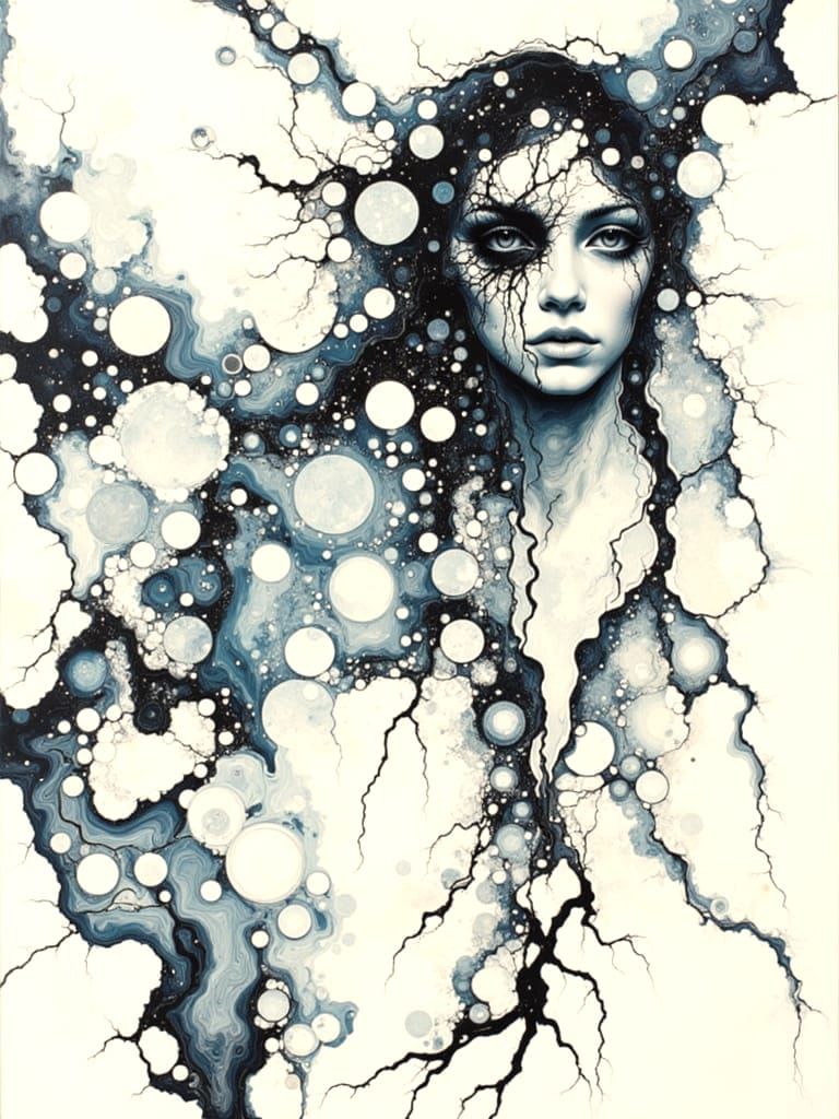 Ethereal Face Emerging from Abstract Lines in Mixed Media