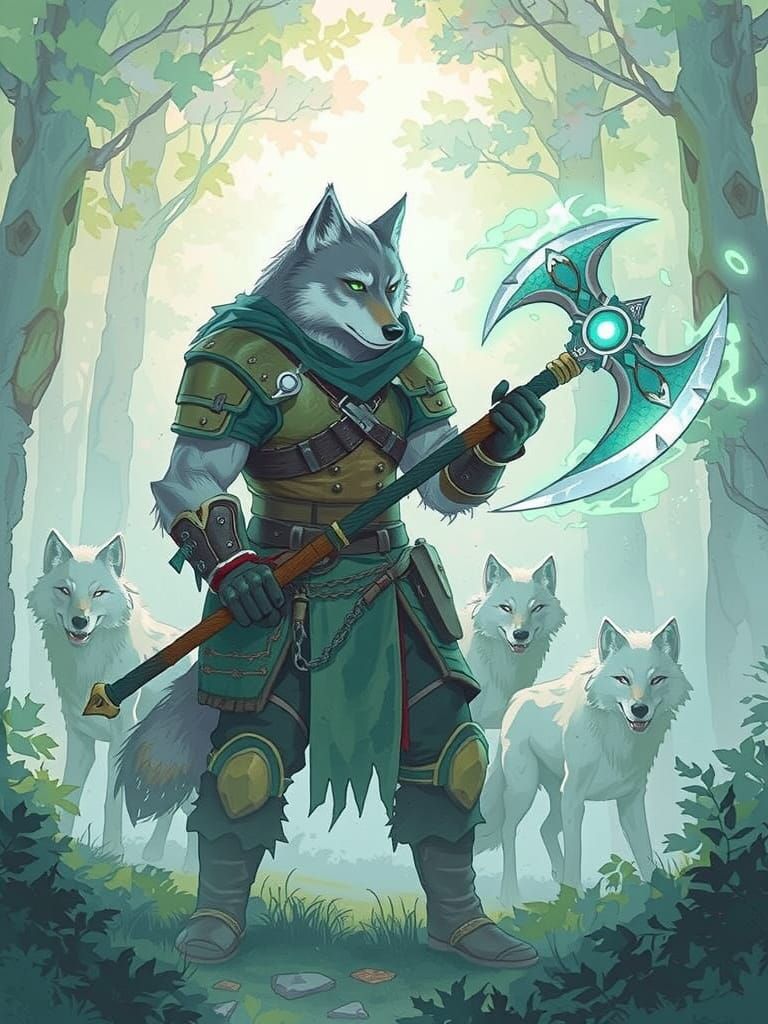 Wolf Barbarian with Ethereal Axe, Watercolor Style