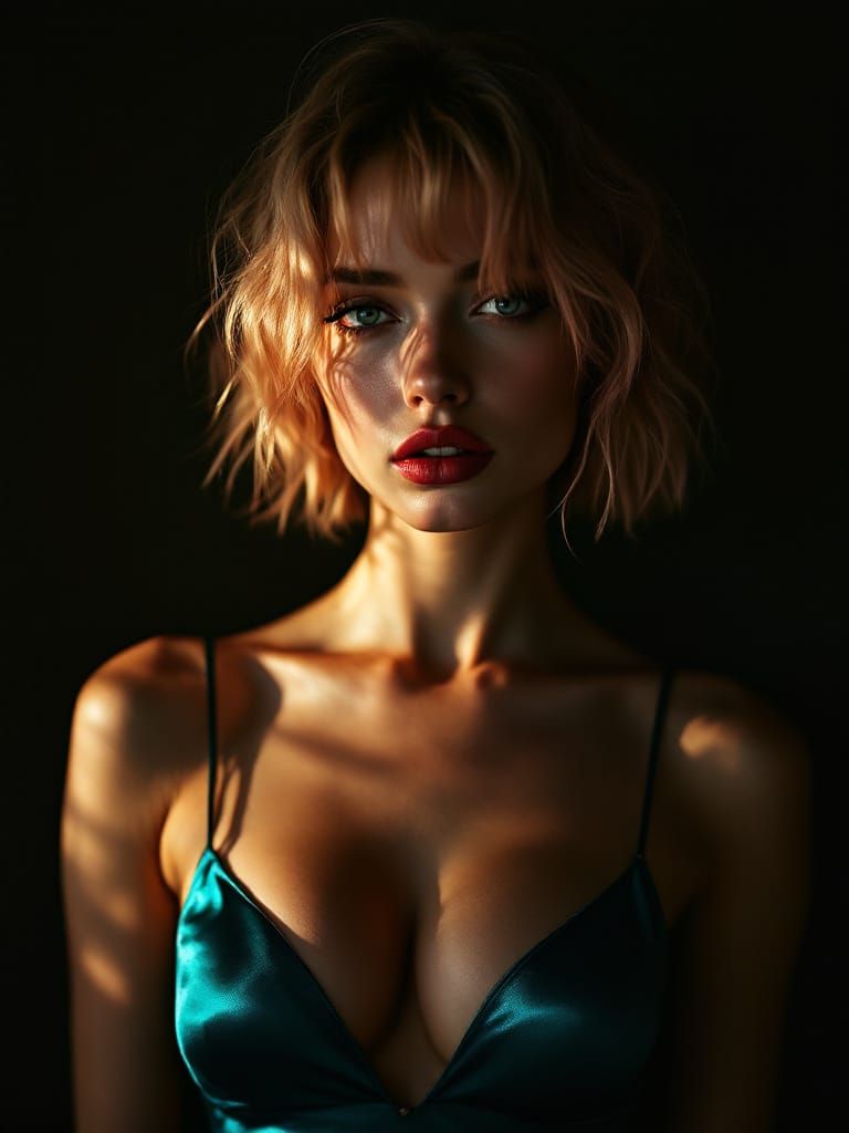 Pin Up Woman in Metallic Dress with Dramatic Lighting