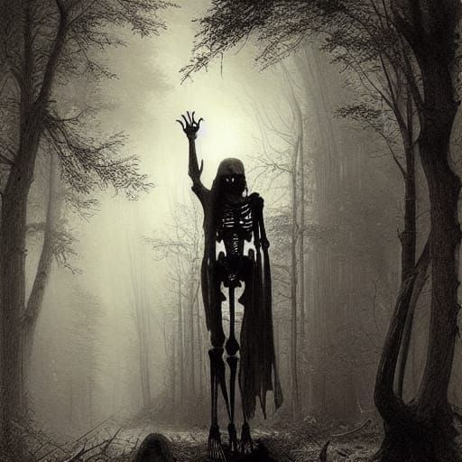 Terrifying Skeleton Emerges from Woods: Horror Illustration