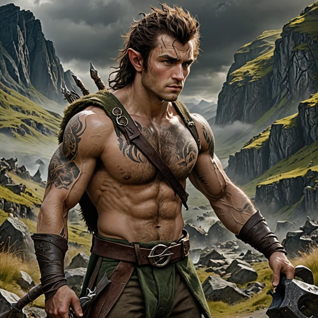 20 years old Male hobbit Brown hair styled in a mohawk Green eyes. Prominent sideburns. Hugely muscular and stocky build...