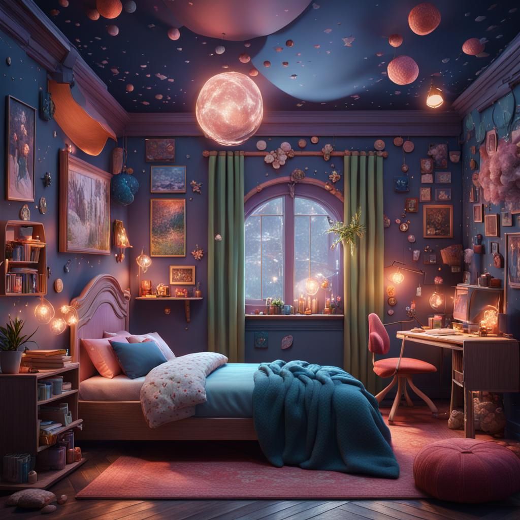 Cute Artsy Bedroom for Teenage Girl in Digital Art