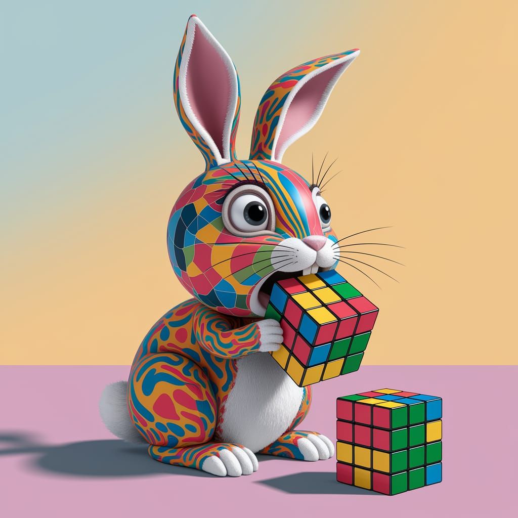 Surreal Bunny Chokes on Rubik's Cube in Whimsical Pop Art Sc...