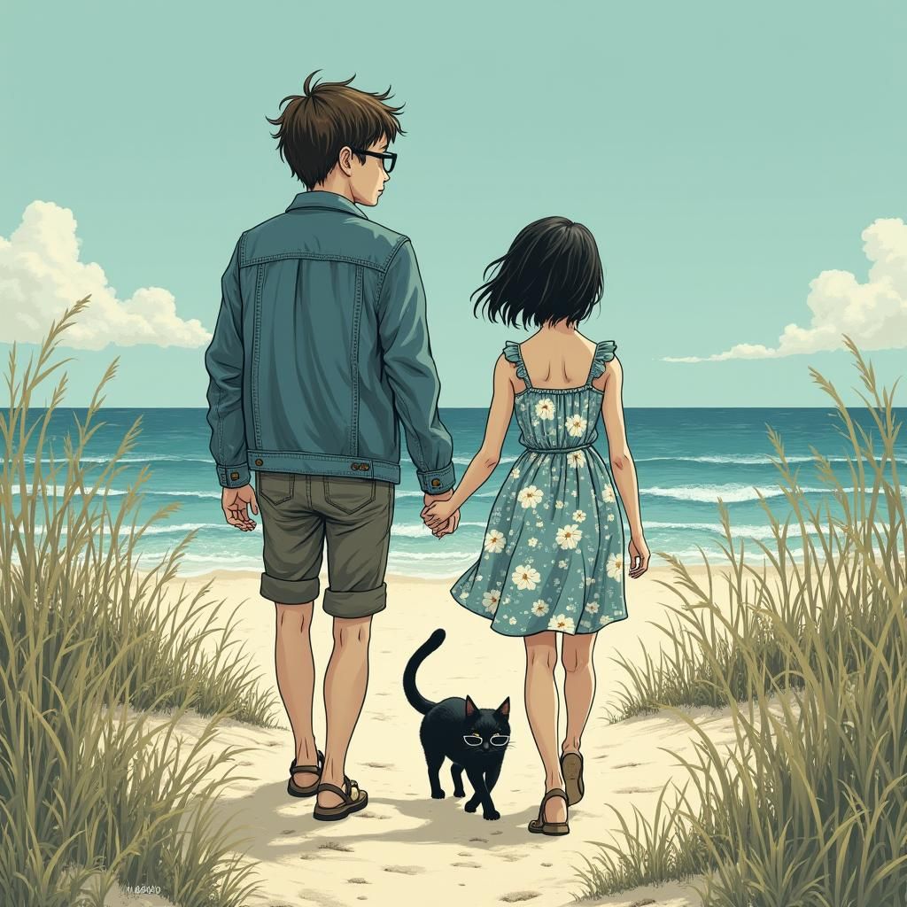 Eerie Beach Stroll in Horror Manga Style