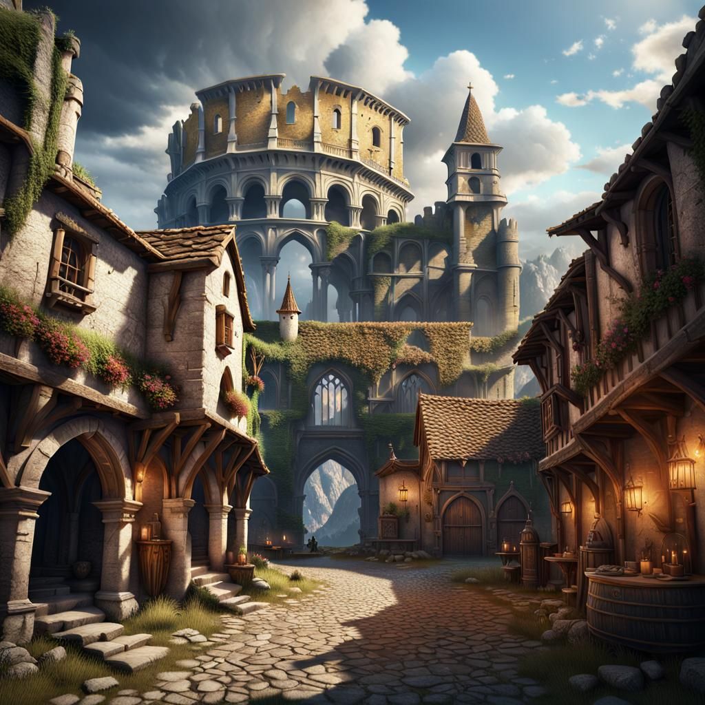 Medieval Village and Coliseum: Detailed Matte Painting