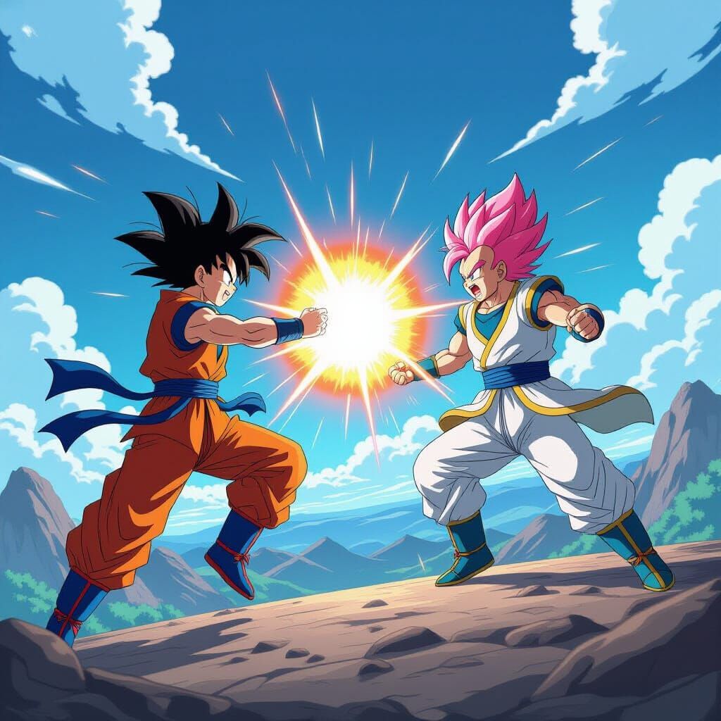 Goku and Beerus Battle Above Earth, Studio Ghibli Anime Styl...