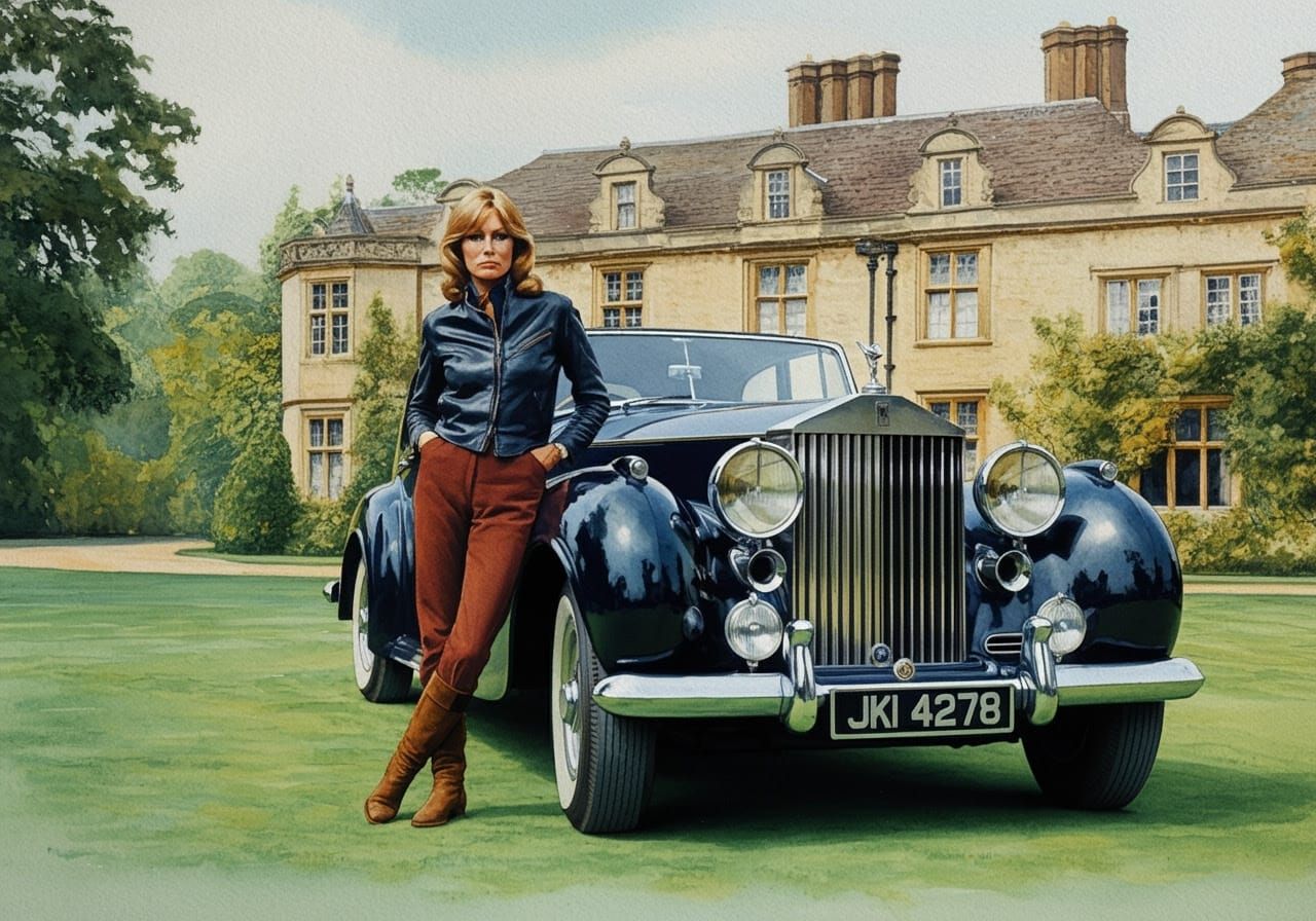 Diana Rigg in Watercolor Beside Rolls Royce