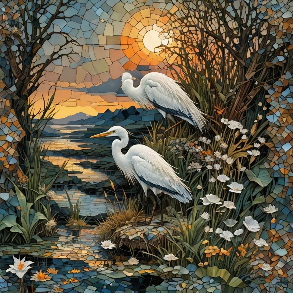 Egret in Mosaic Style Sunset Marsh