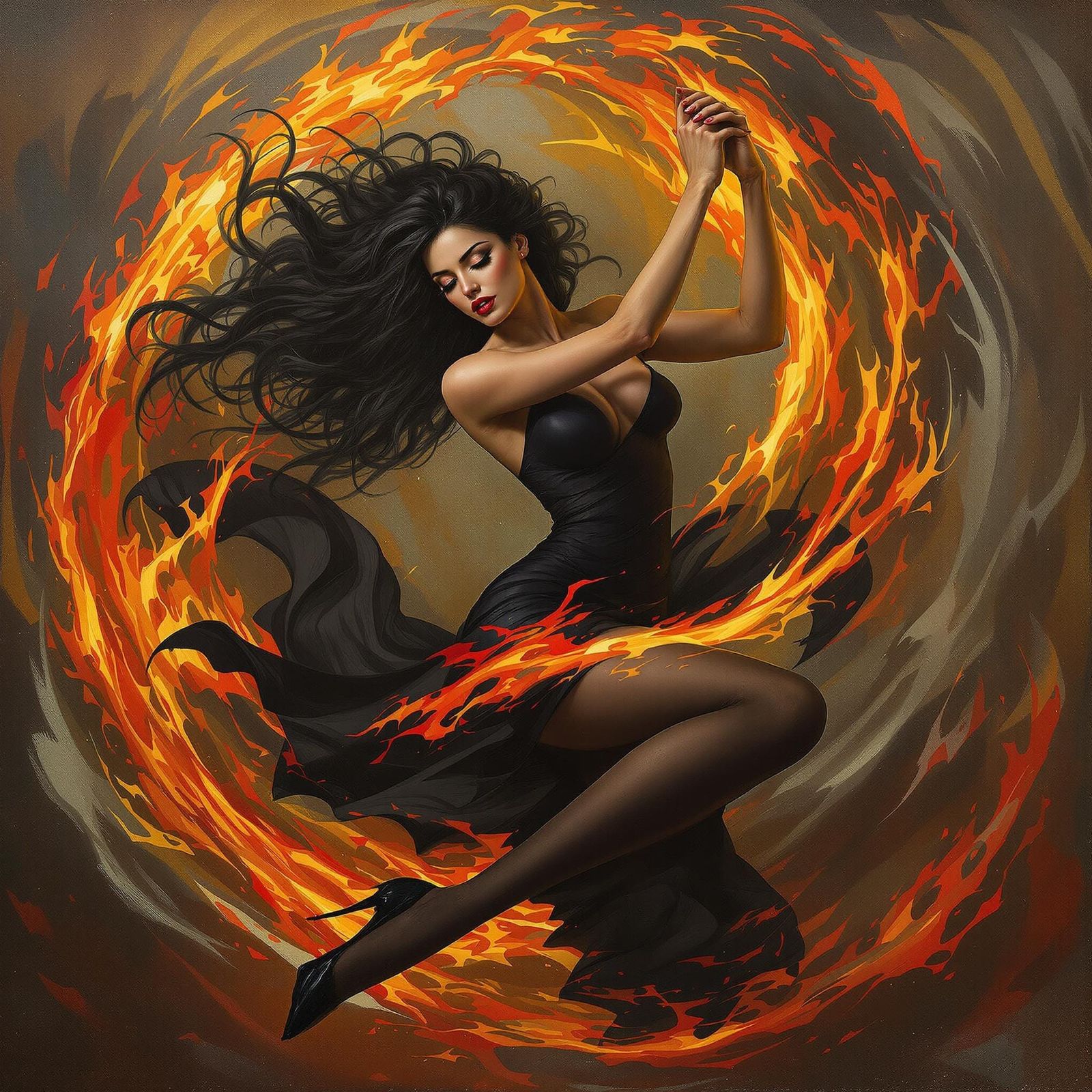Surrealist Tango Dancer Enveloped by Swirling Flames