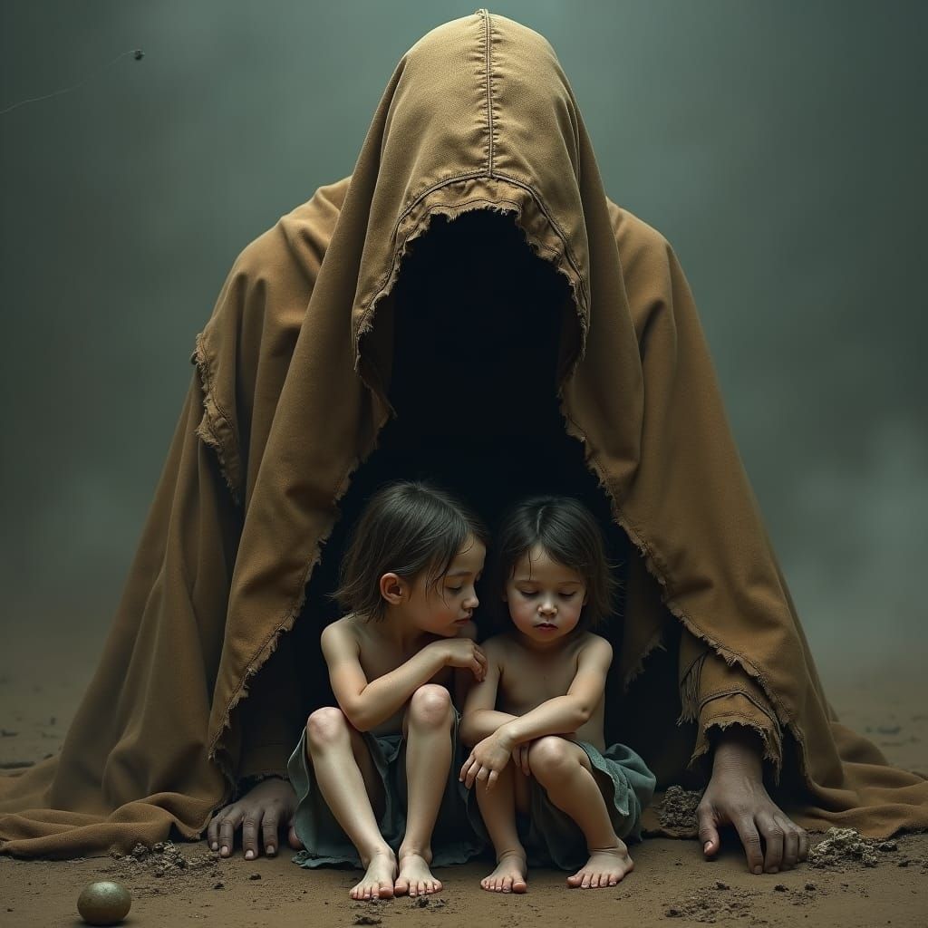 Children Huddled Under Cloak in Eerie Fantasy Art