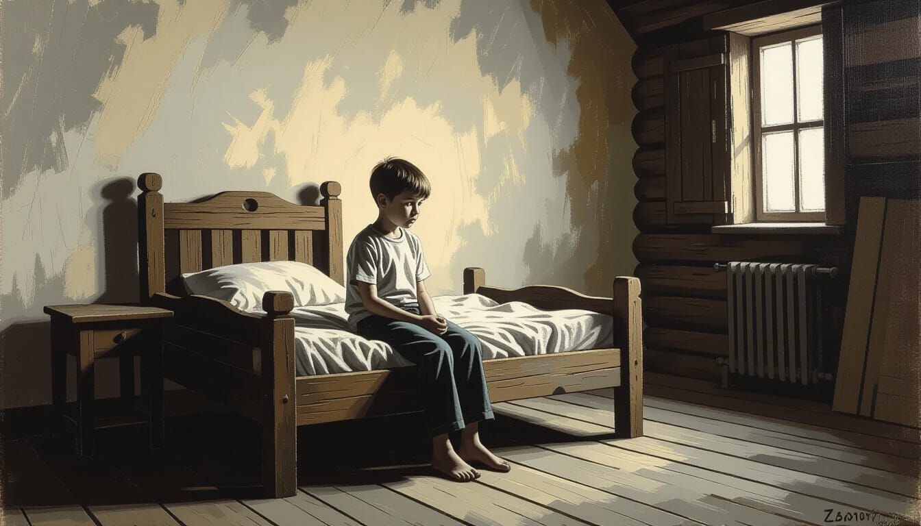 Boy on Bed in Dim Room with Oily Paint Texture