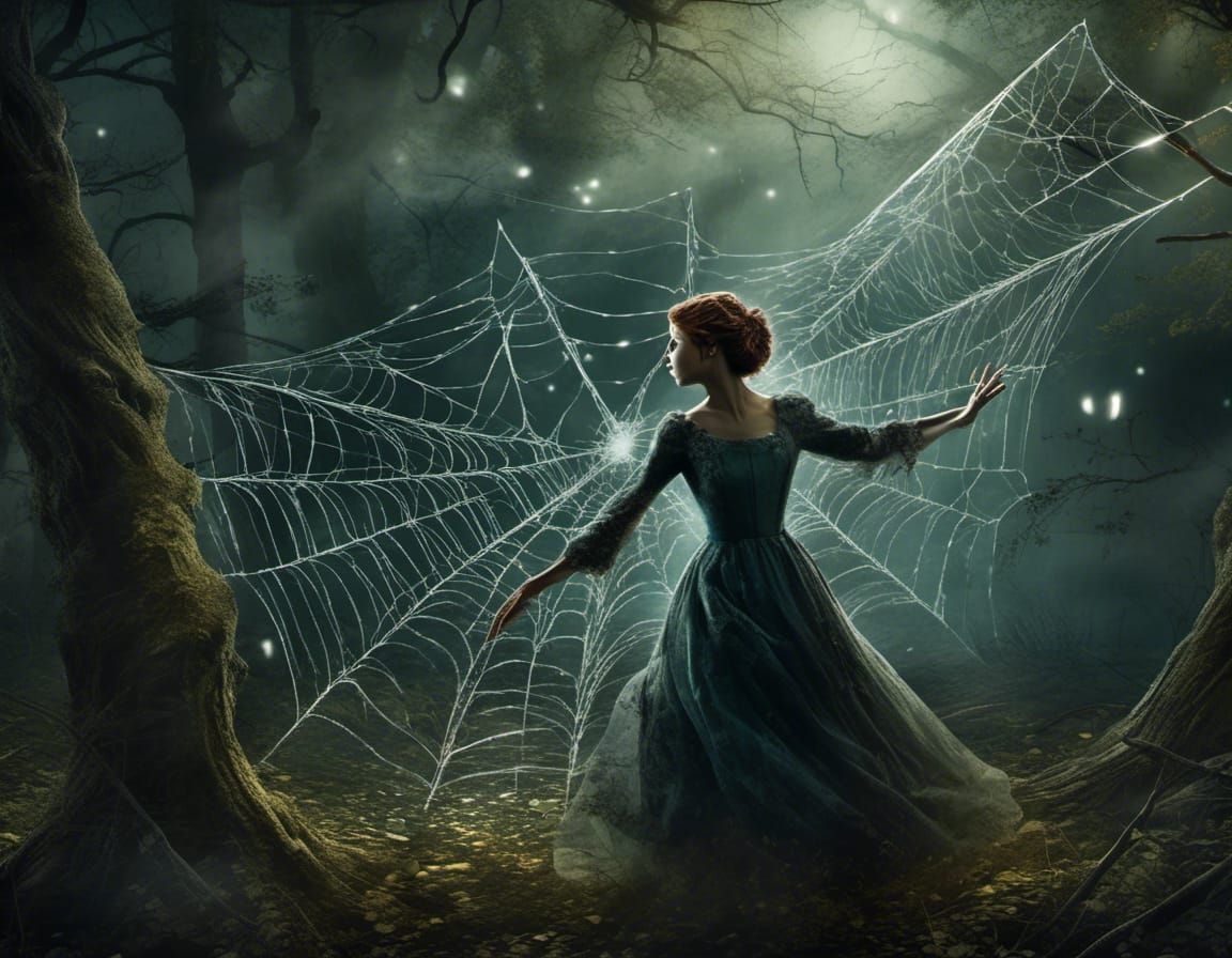 Woman Entangled in Spiderweb in Spooky Enchanted Forest