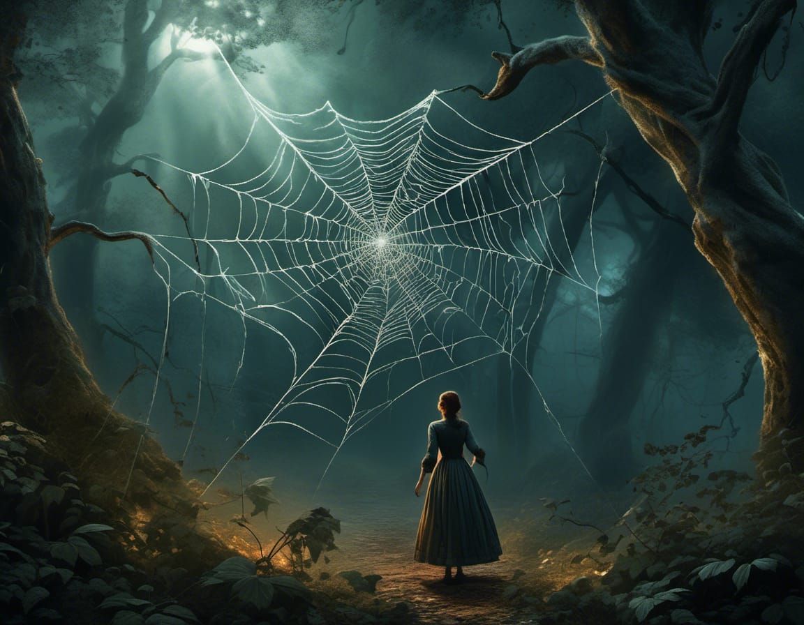 Woman Entangled in Spiderweb in Enchanted Forest
