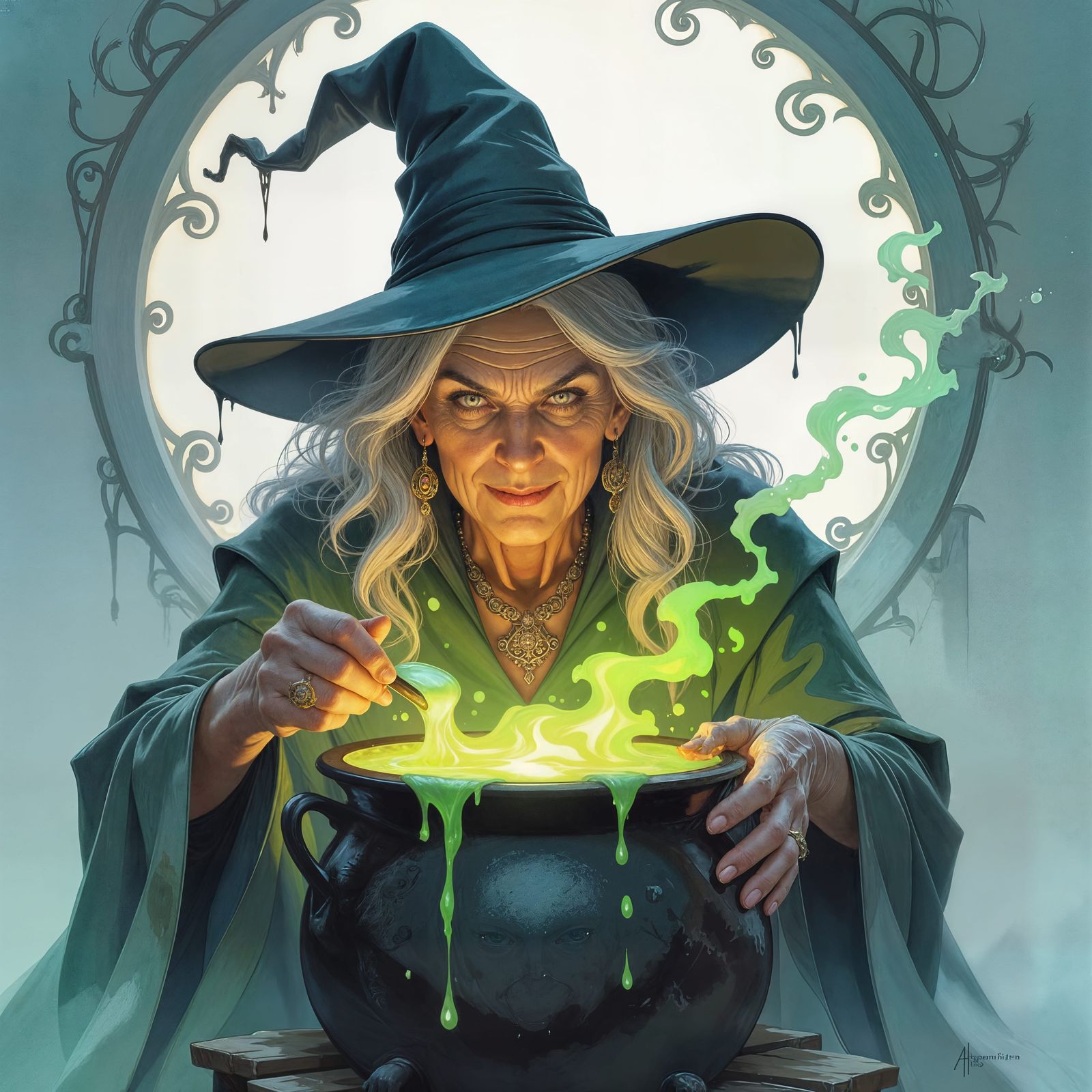 Evil Witch Spills Luminous Brew in Watercolor Art