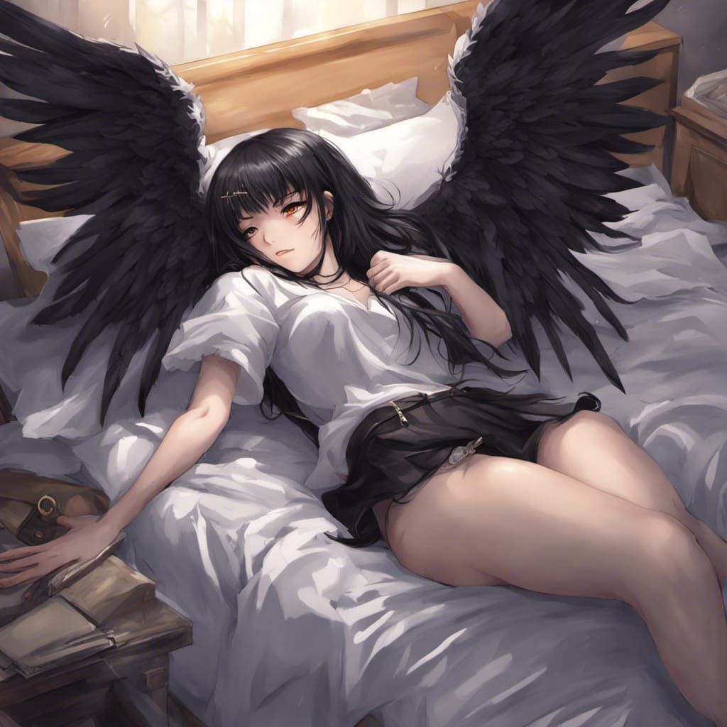 Fallen Angel with Black Wings in Anime Style