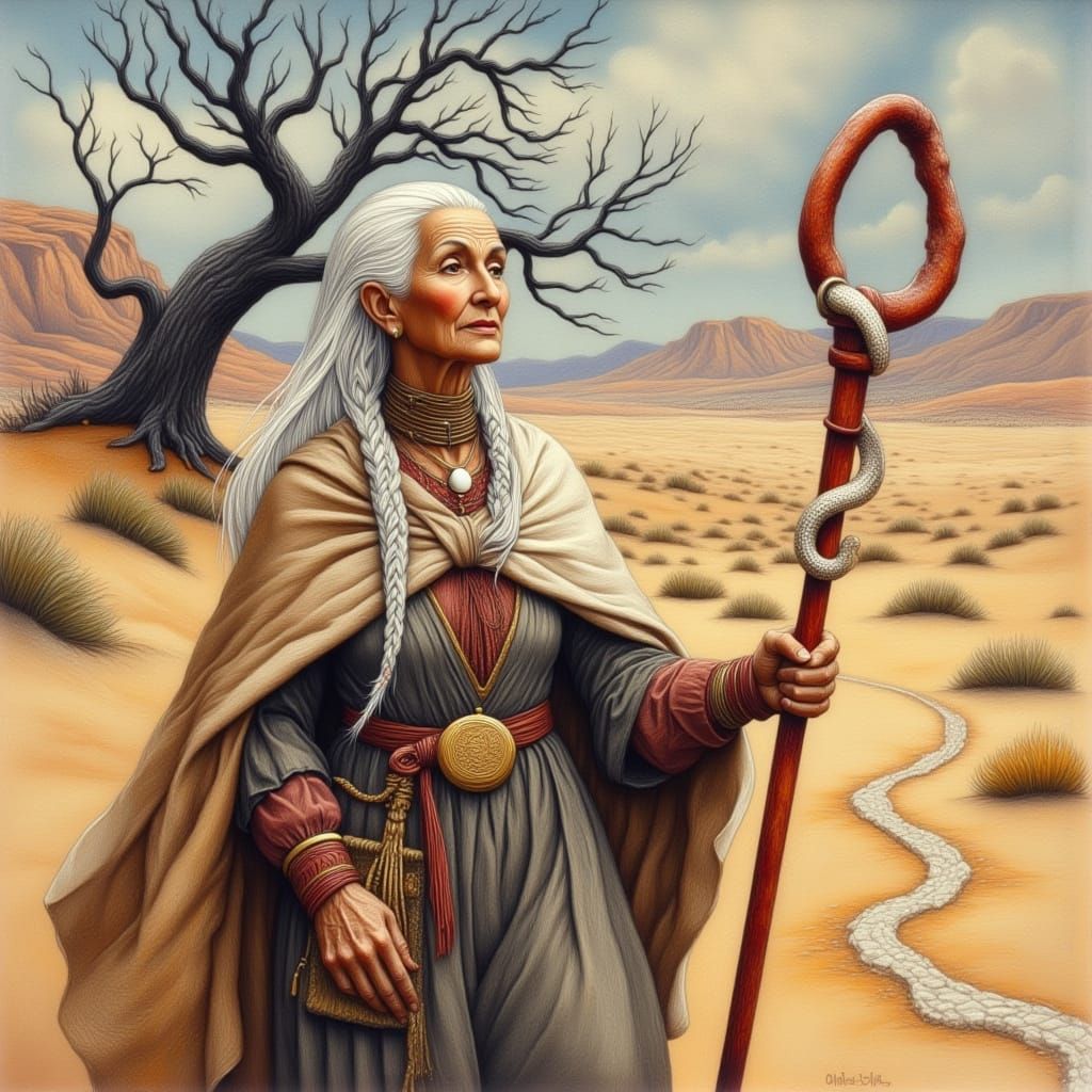 Desert Woman with Staff in Watercolour and Acrylic Style