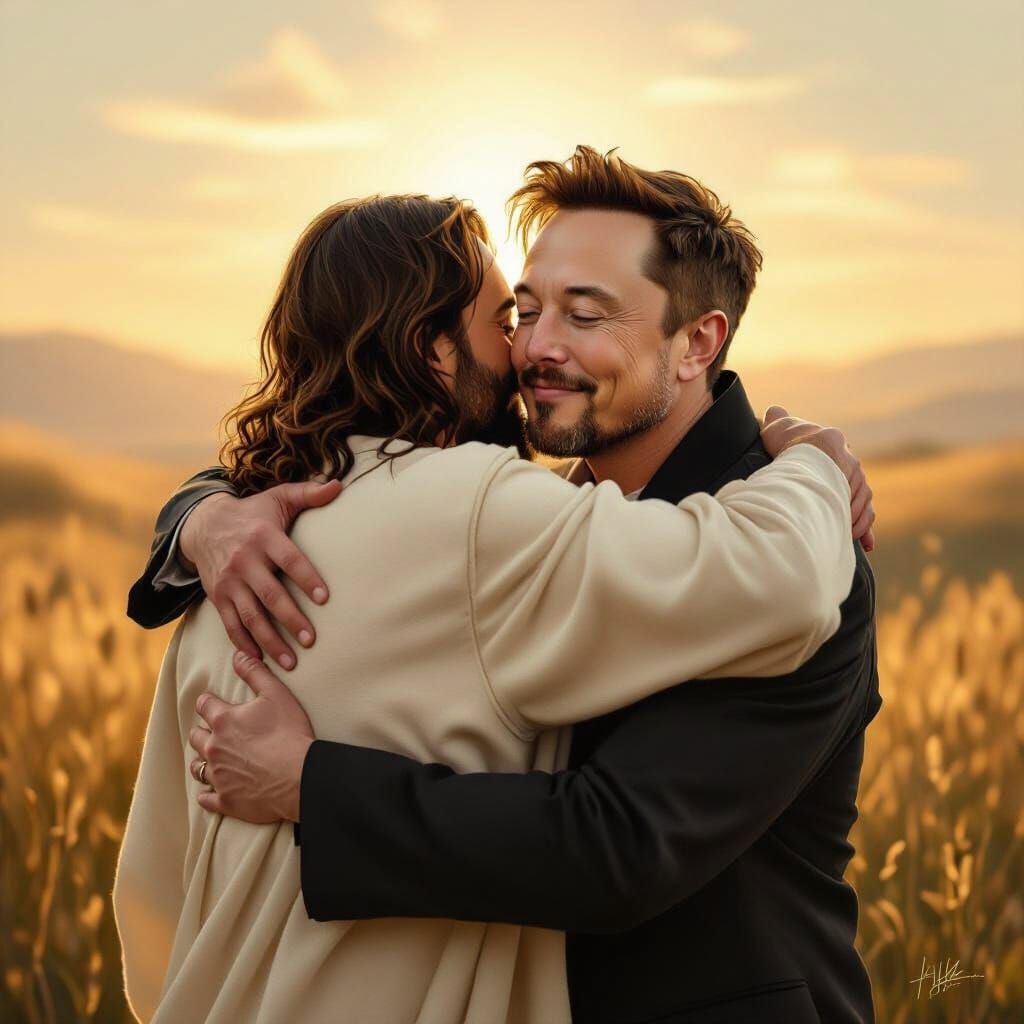 Jesus and Elon Musk Embrace in Golden Light