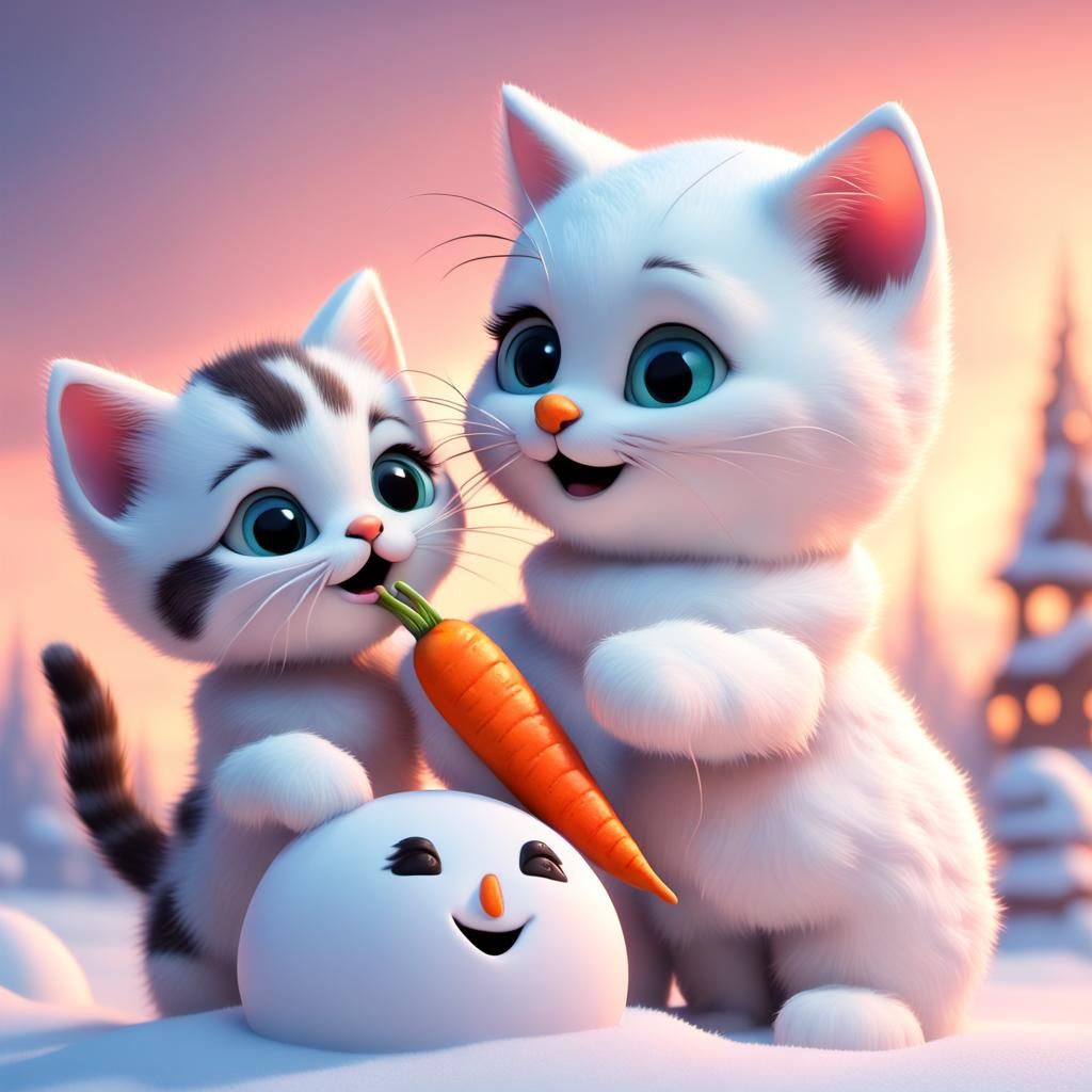 Kittens Build Snowman: 3D Digital Art
