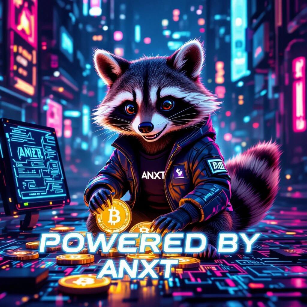 Futuristic Raccoon Mascot in Neon Cyberpunk City