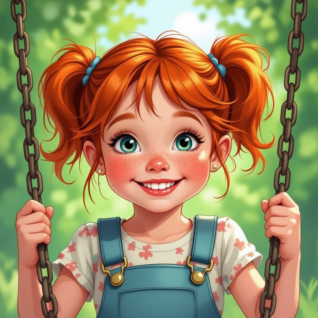 Freckled Redhead on Swing in Comic Book Style