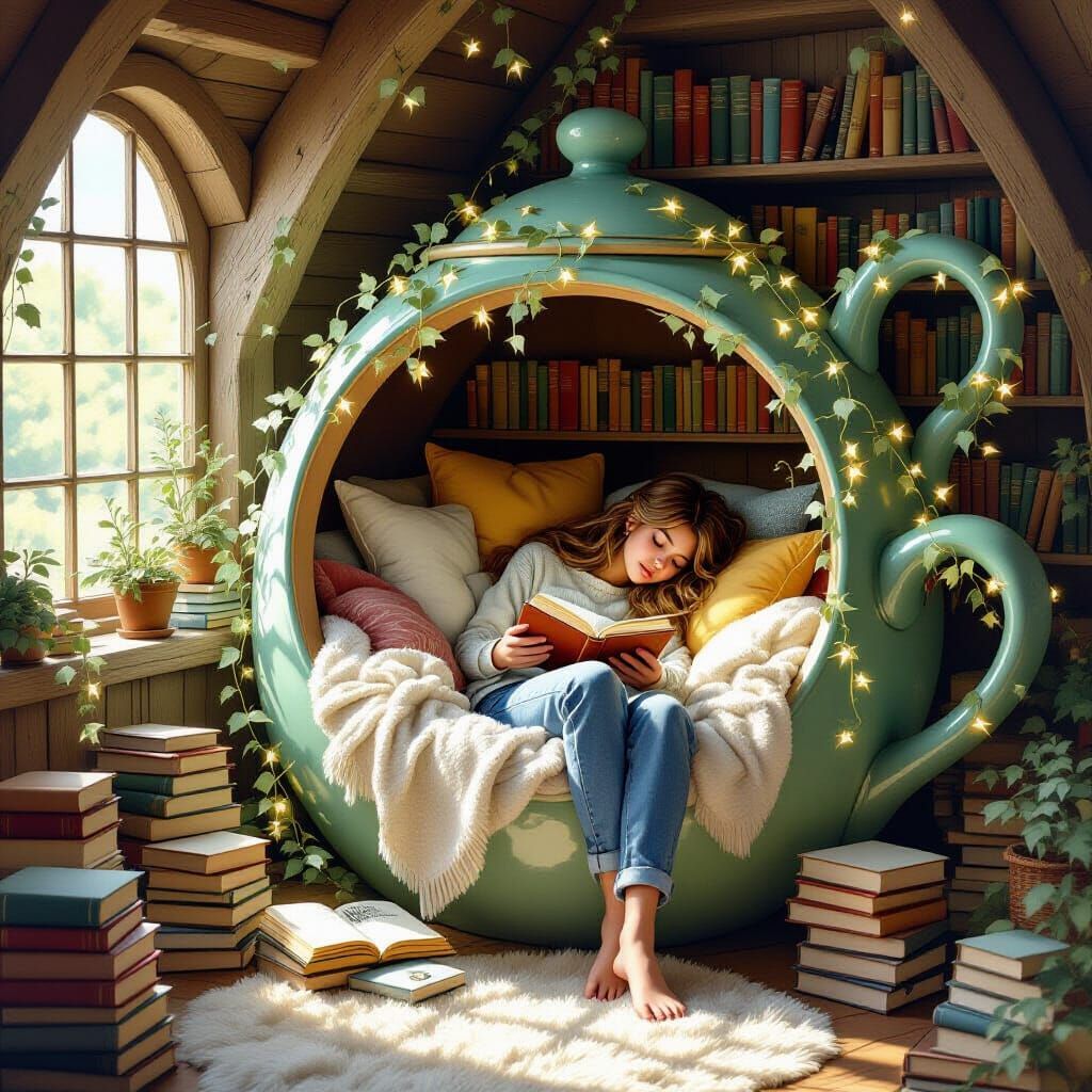 Sleepy Teen in Teapot Reading Nook