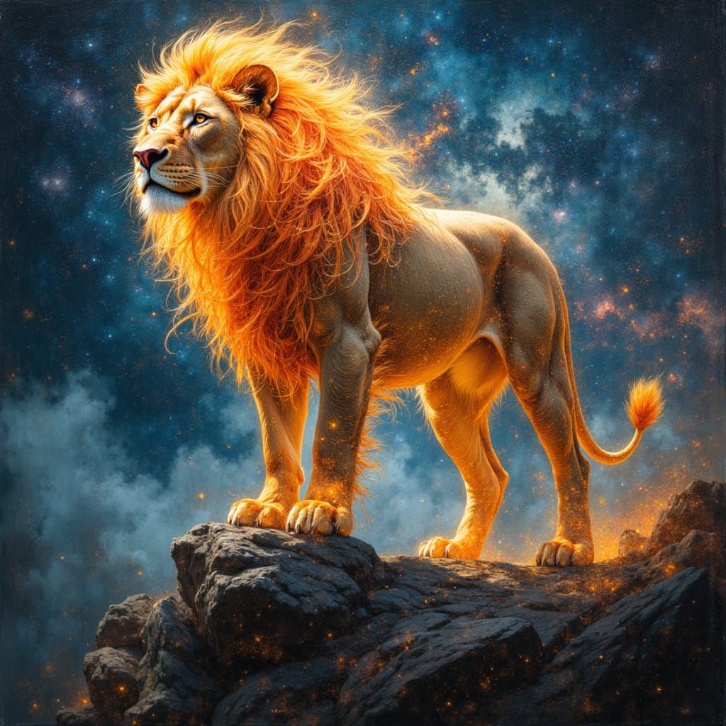 Majestic Lion Draped in Celestial Patterns and Runes