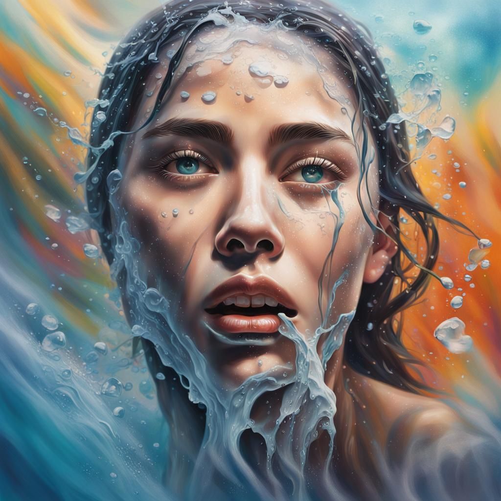 Emotional Woman's Face in Hyperrealistic Splash Art