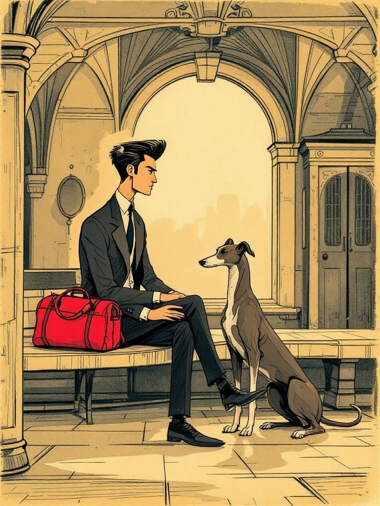 Elegant Man and Greyhound in Vintage Train Station