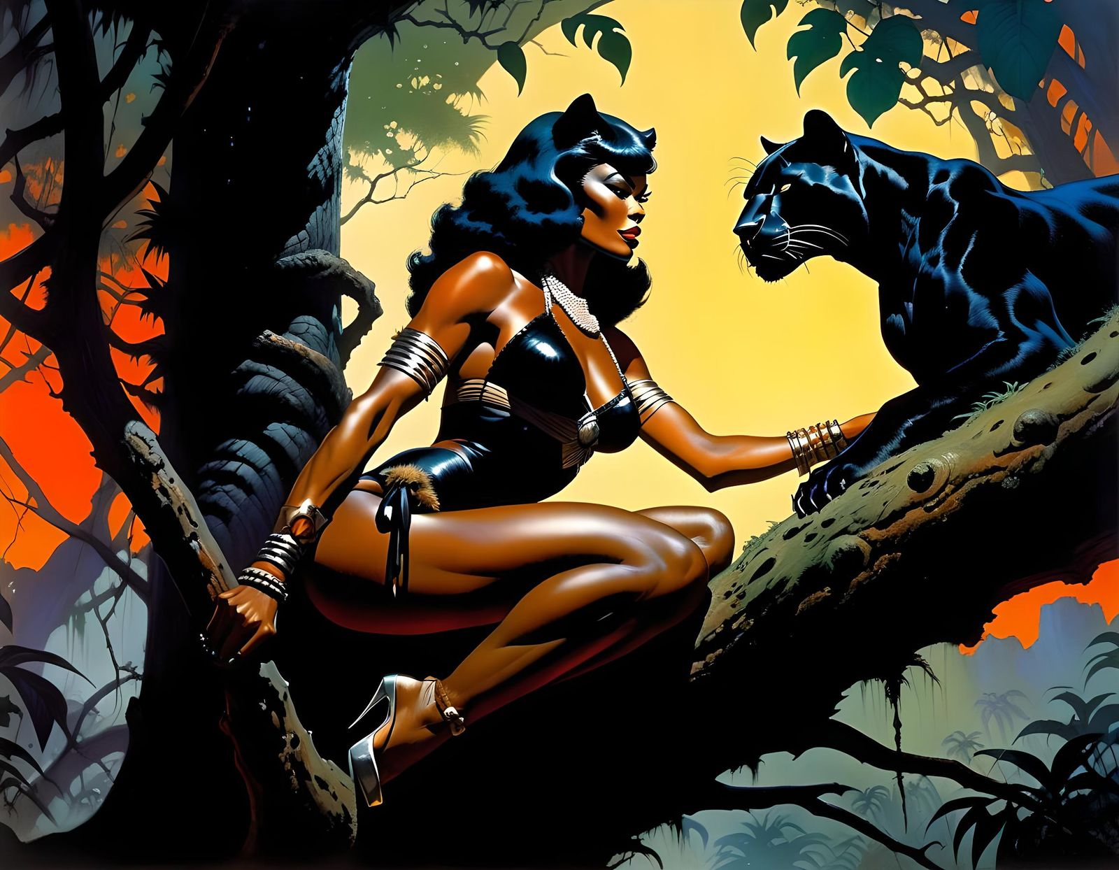 Jungle Woman with Panther in Fantasy Art Style