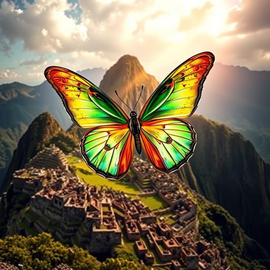 Ethereal Butterfly Flies Over Majestic Machu Picchu in Vibra...