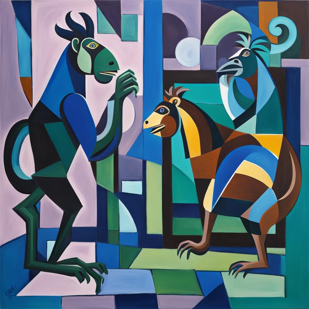 Cubist Animals in Mirror: Picasso Style Oil Painting