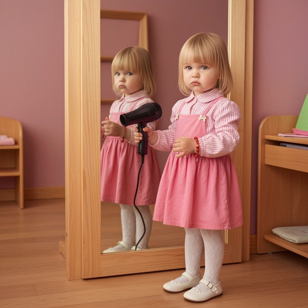 Innocent Girl with Hairdryer in Pink Room
