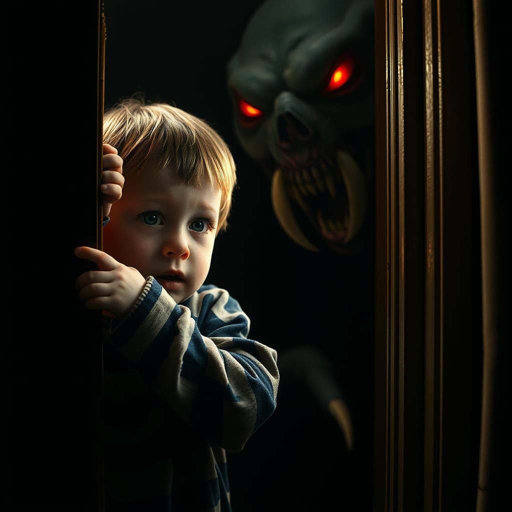 Terrified Boy and Lovecraftian Monster in the Dark