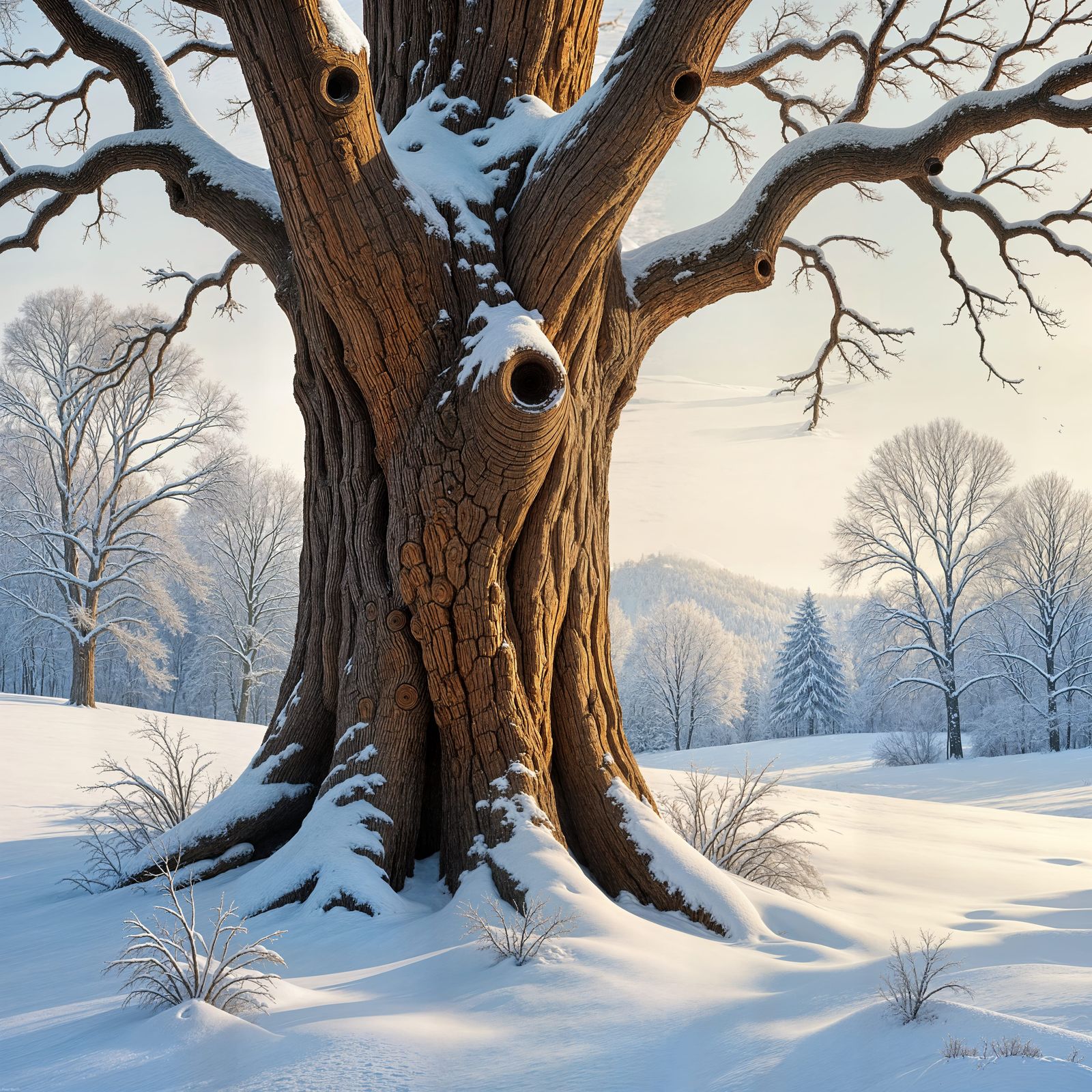 Winter Snowscape of a Tree Trunk