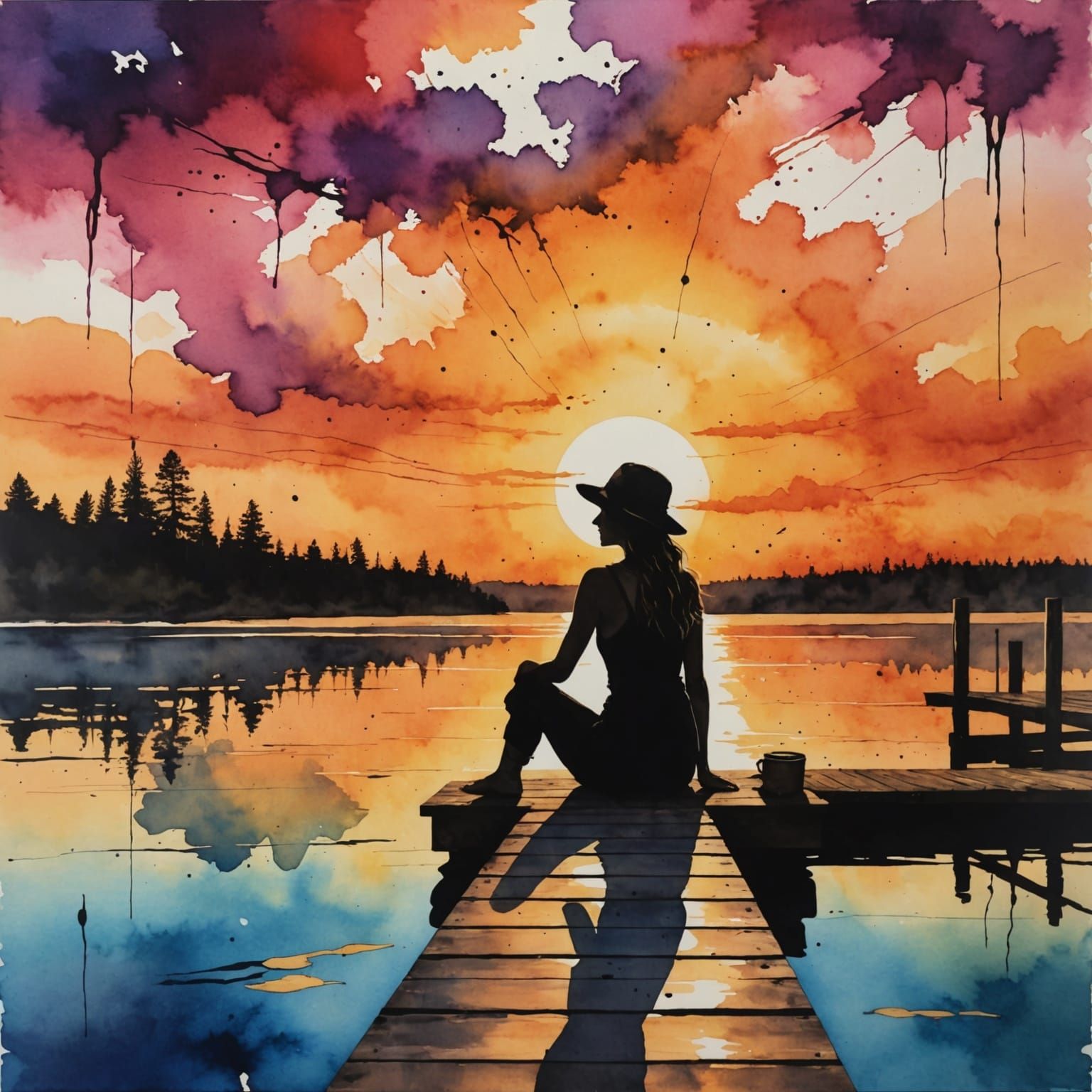 Sunset Silhouette in Watercolor Alcohol Ink Style