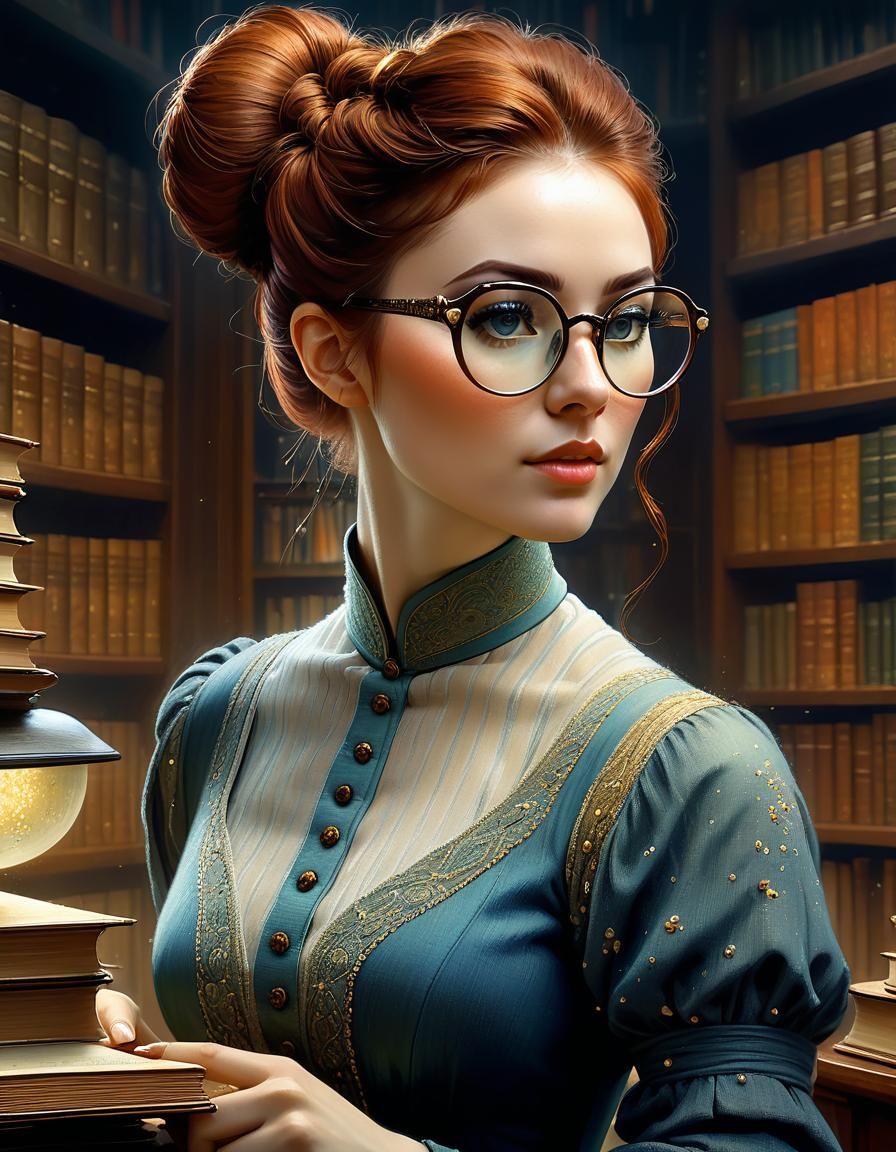 Victorian Librarian in Digital Pointillism Style