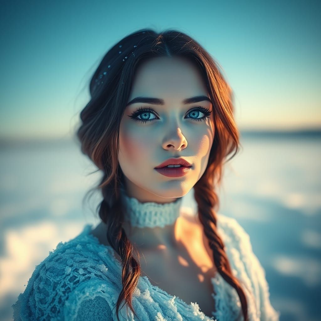 Hyperrealistic Snow Angel Ice Queen at Frozen Lake