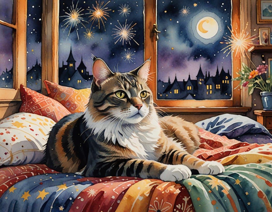 Cat in Bohemian Room: Watercolor Impressionism