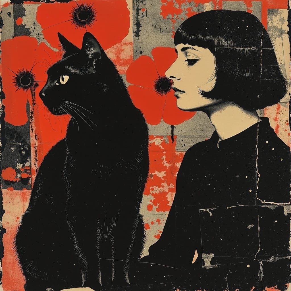 Whimsical Bohemian Portrait of a Black Cat with Poppy Flower...