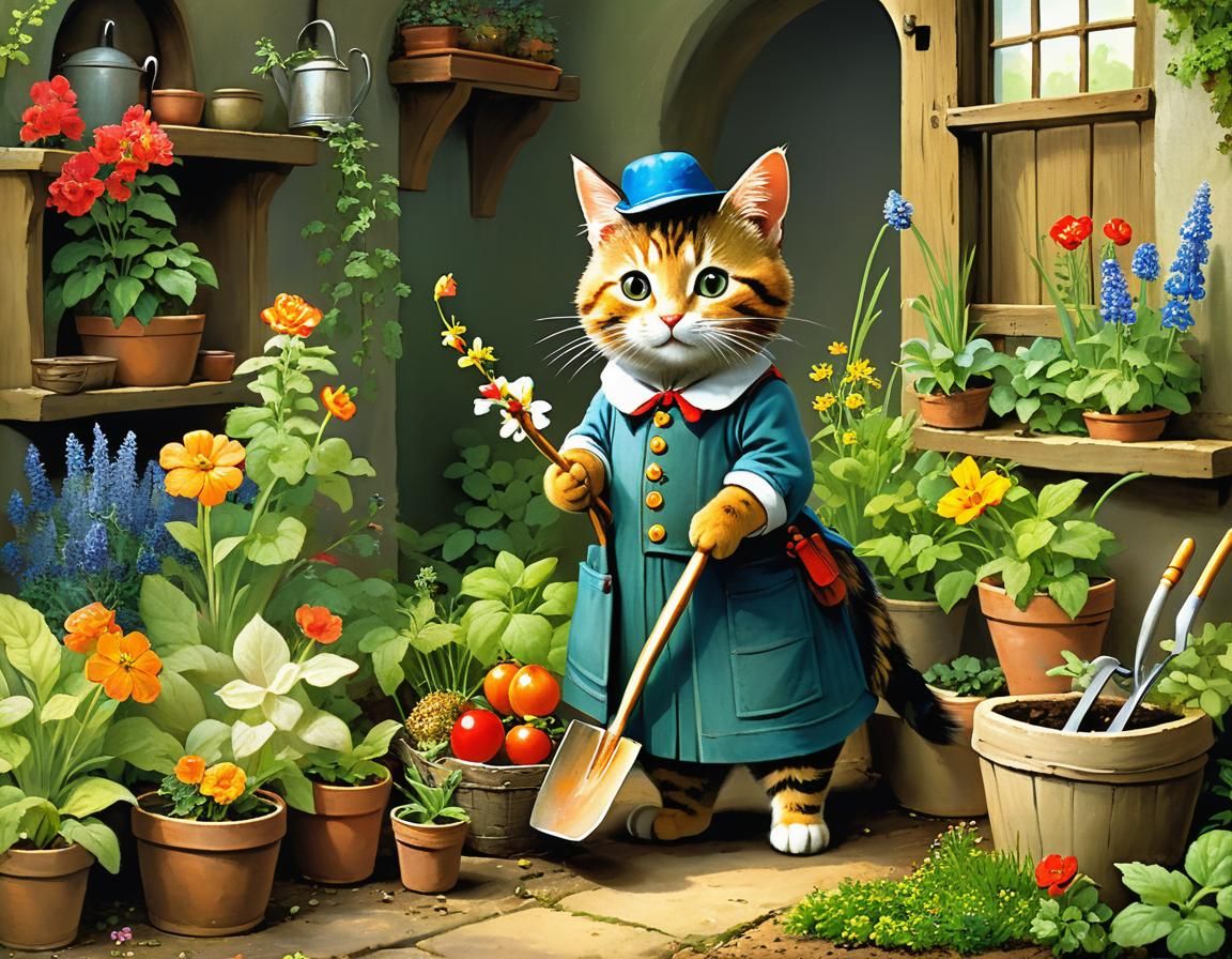 Cute Cat Gardener in Storybook Illustration