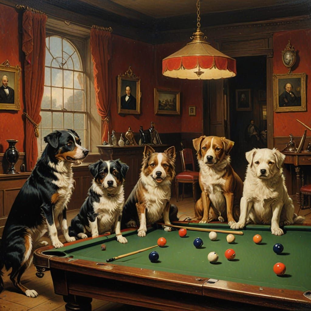 Victorian Dogs Playing Pool in a Classic Oil Painting Style
